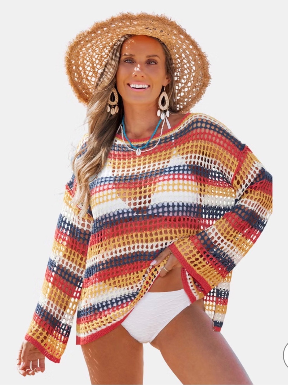 Cupshe Striped Open-Knit Beach Cover-Up in Orange, Blue & Rust - Picture 9 of 9